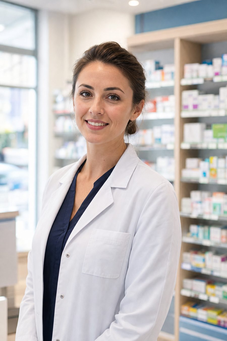 A community pharmacist working in a UK pharmacy consultation room